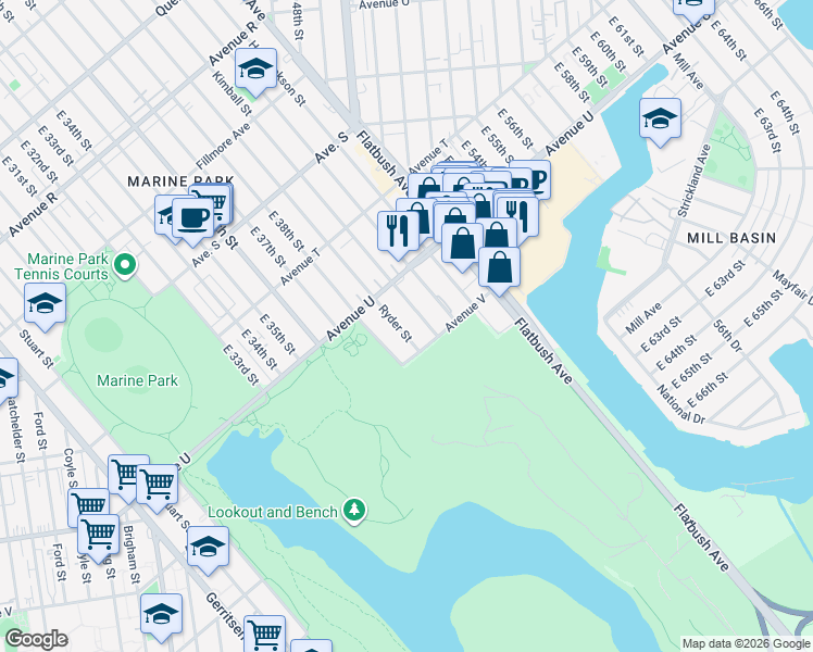 map of restaurants, bars, coffee shops, grocery stores, and more near 2264 Ryder Street in Brooklyn