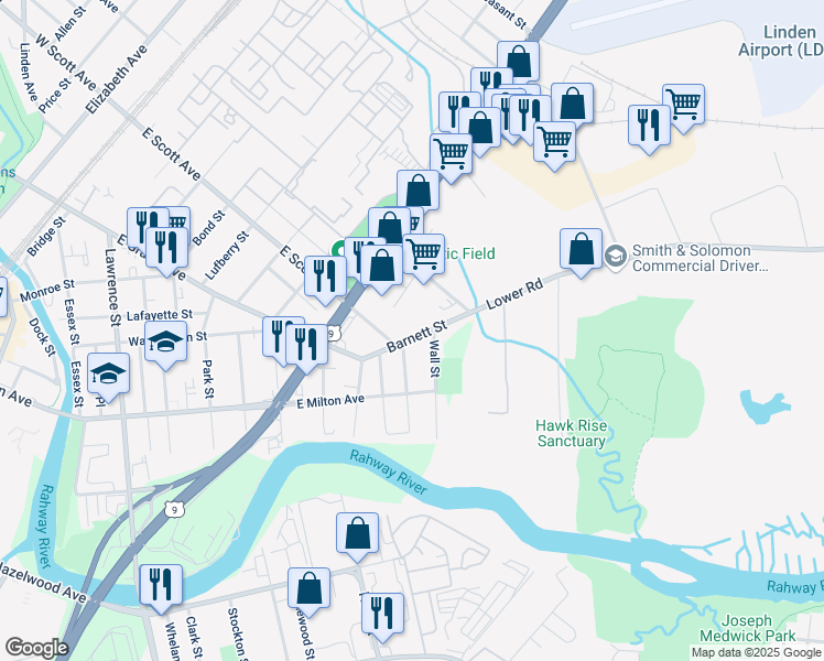 map of restaurants, bars, coffee shops, grocery stores, and more near 2080 Wall Street in Rahway