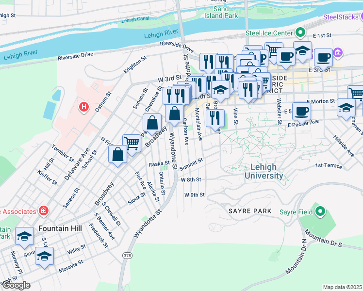 map of restaurants, bars, coffee shops, grocery stores, and more near 510 Hess Street in Bethlehem