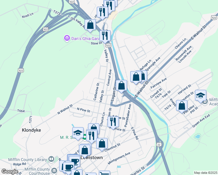 map of restaurants, bars, coffee shops, grocery stores, and more near 46 Central Avenue in Lewistown