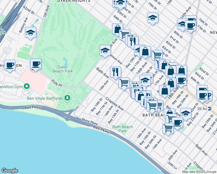 map of restaurants, bars, coffee shops, grocery stores, and more near 198 Bay 10th Street in Brooklyn