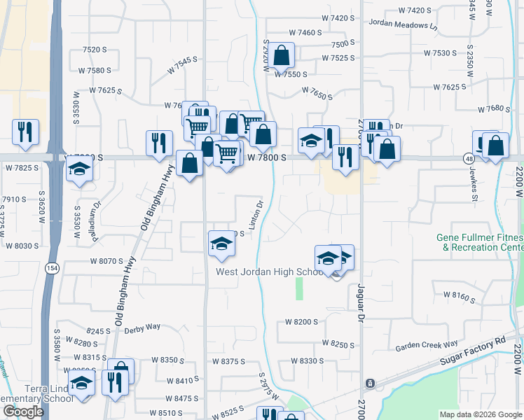map of restaurants, bars, coffee shops, grocery stores, and more near 7943 Linton Drive in West Jordan