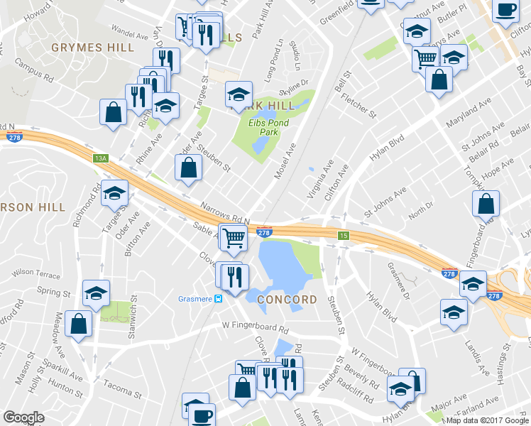 map of restaurants, bars, coffee shops, grocery stores, and more near 41 Mosel Loop in Staten Island