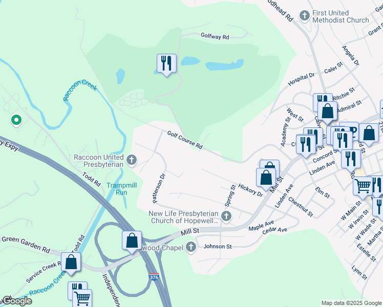 map of restaurants, bars, coffee shops, grocery stores, and more near 616 Golf Course Road in Aliquippa