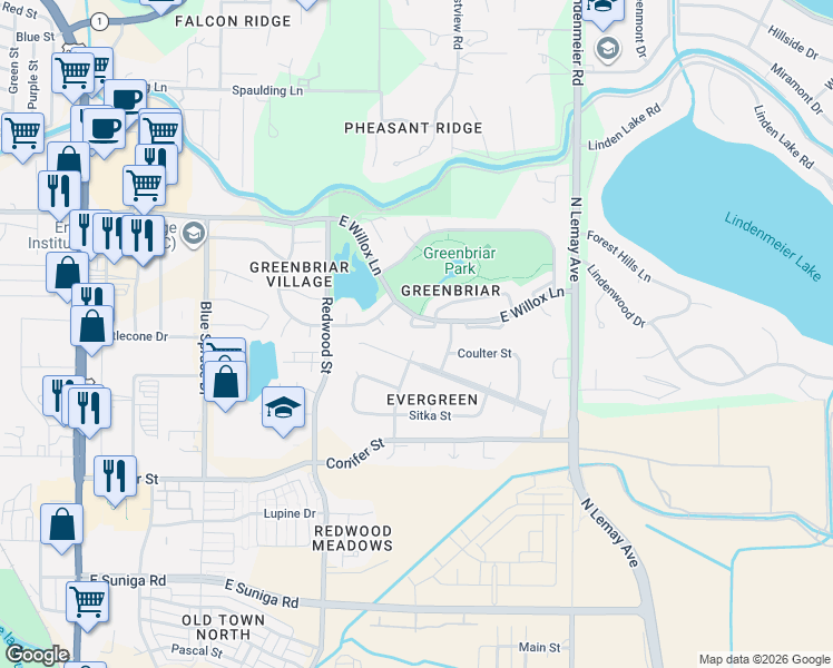 map of restaurants, bars, coffee shops, grocery stores, and more near 1407 Shortleaf Street in Fort Collins