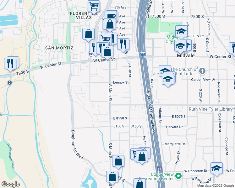 map of restaurants, bars, coffee shops, grocery stores, and more near 639 West Allen Cove in Midvale