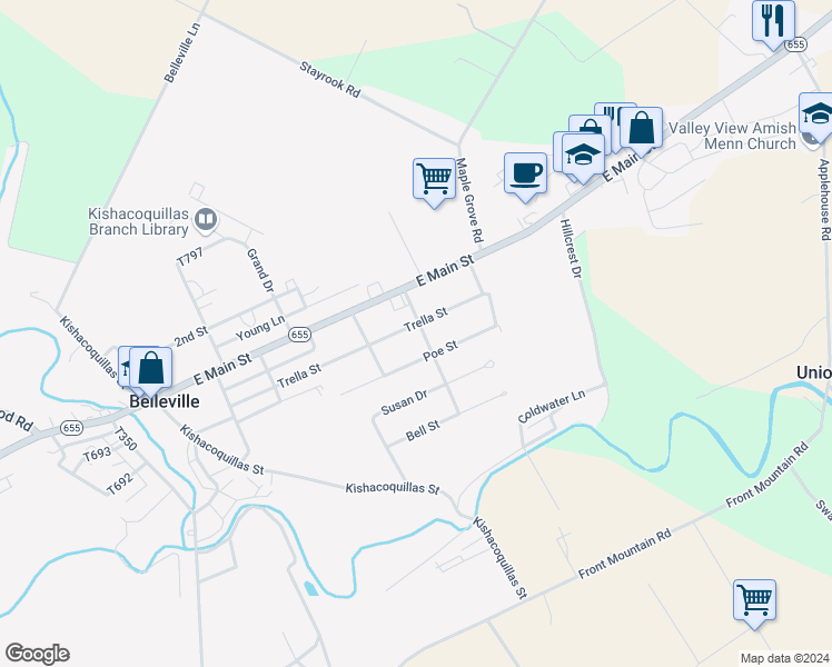 map of restaurants, bars, coffee shops, grocery stores, and more near 250 Trella Street in Belleville