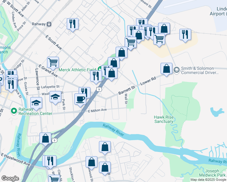 map of restaurants, bars, coffee shops, grocery stores, and more near 2025 Barnett Street in Rahway