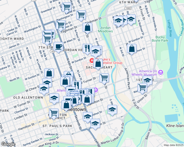 map of restaurants, bars, coffee shops, grocery stores, and more near 221 North Penn Street in Allentown