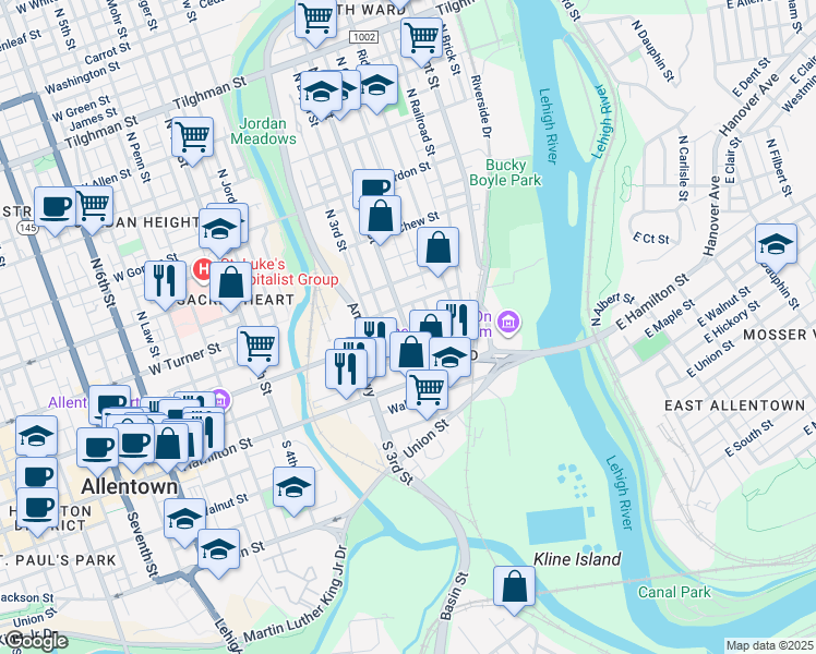 map of restaurants, bars, coffee shops, grocery stores, and more near 183 Linden Street in Allentown