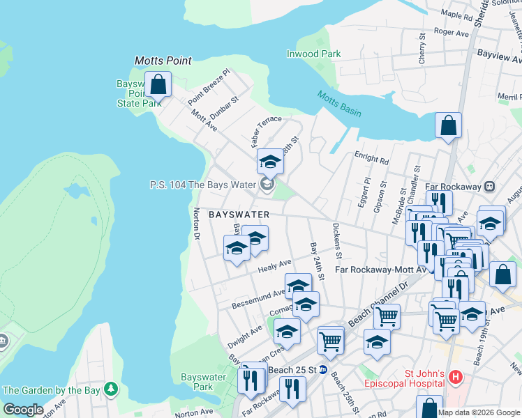 map of restaurants, bars, coffee shops, grocery stores, and more near 25-25 Bayswater Avenue in Queens