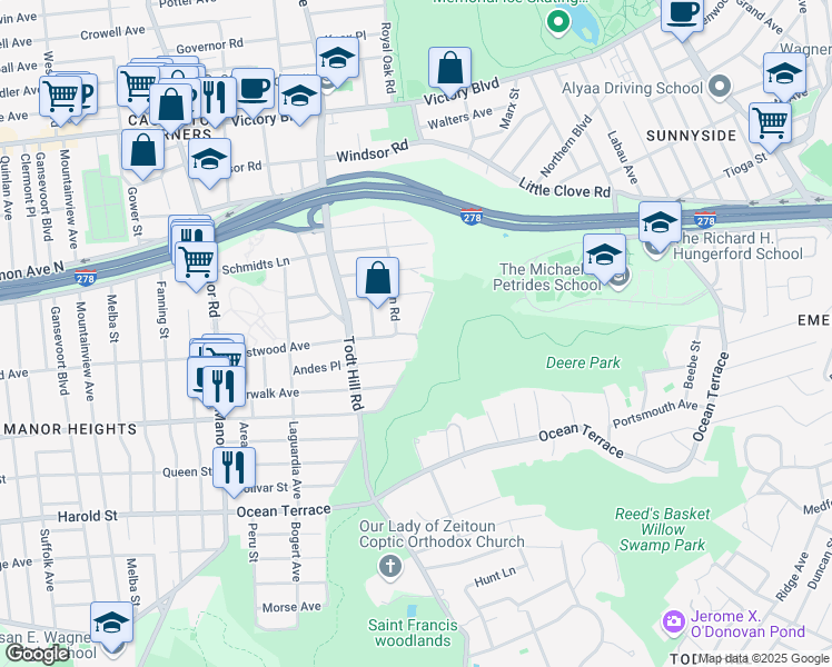 map of restaurants, bars, coffee shops, grocery stores, and more near 91 Fine Boulevard in Staten Island