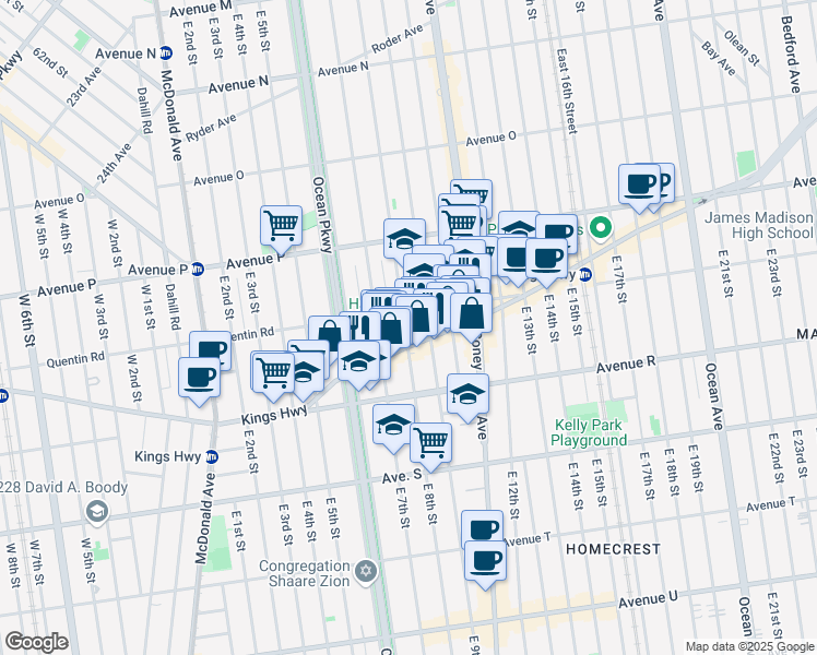 map of restaurants, bars, coffee shops, grocery stores, and more near 1738 East 8th Street in Brooklyn