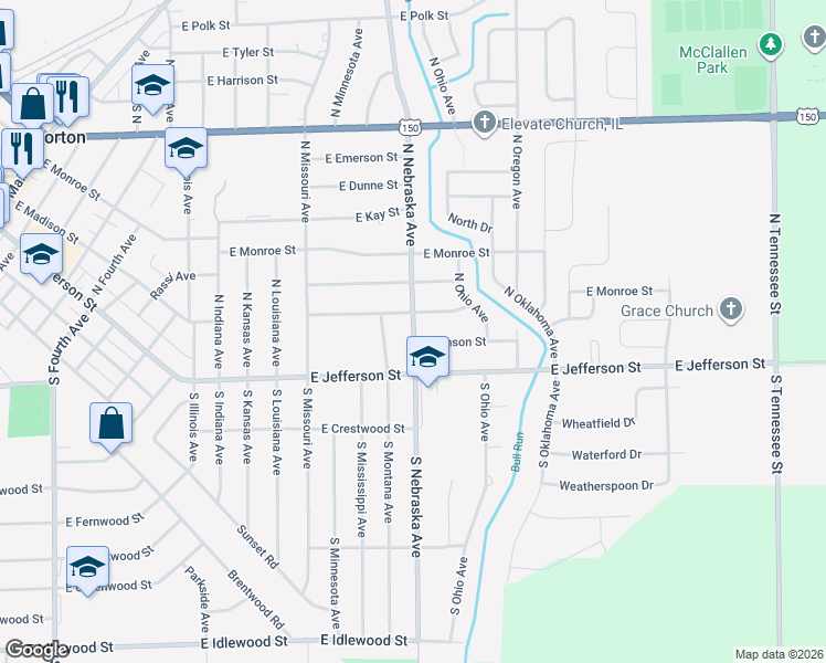 map of restaurants, bars, coffee shops, grocery stores, and more near 116 N Nebraska Ave in Morton