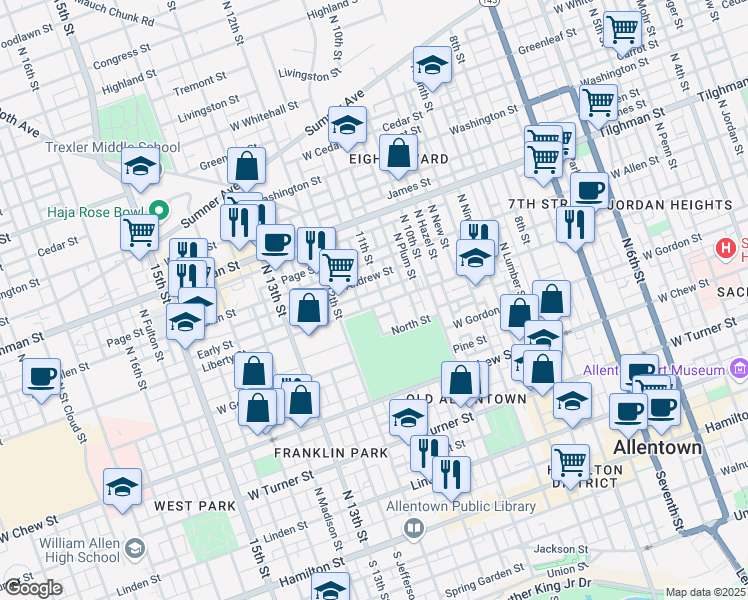 map of restaurants, bars, coffee shops, grocery stores, and more near 1107 Liberty Street in Allentown