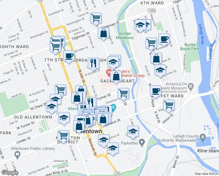 map of restaurants, bars, coffee shops, grocery stores, and more near 435 West Turner Street in Allentown