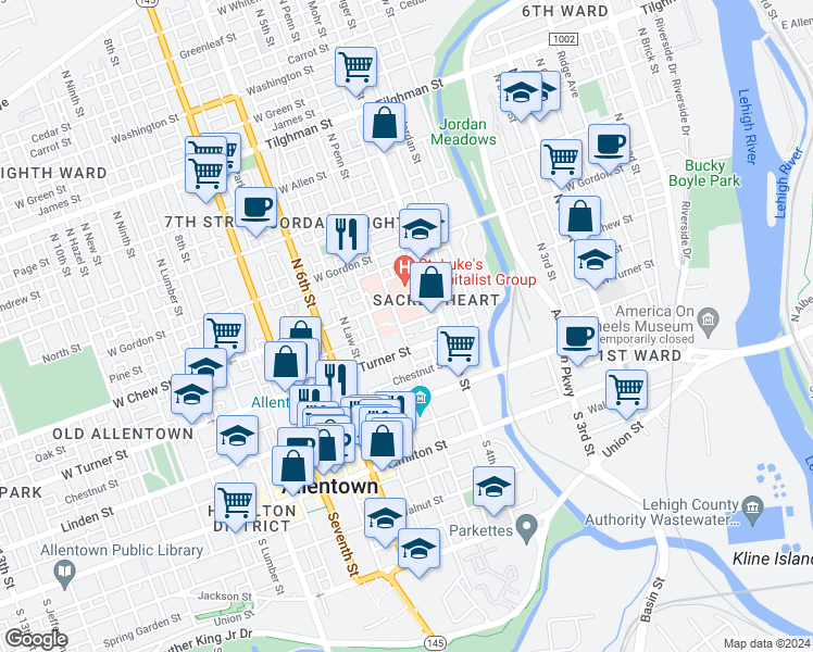 map of restaurants, bars, coffee shops, grocery stores, and more near 221 North Penn Street in Allentown