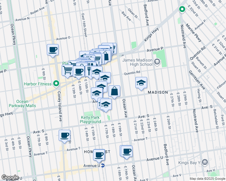 map of restaurants, bars, coffee shops, grocery stores, and more near 1809 Avenue R in Brooklyn
