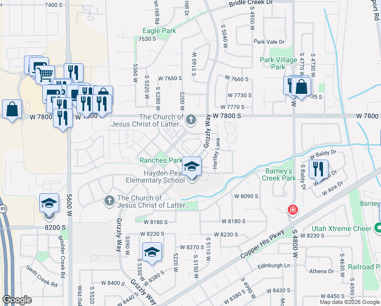 map of restaurants, bars, coffee shops, grocery stores, and more near 5176 Dove Creek Lane in West Jordan