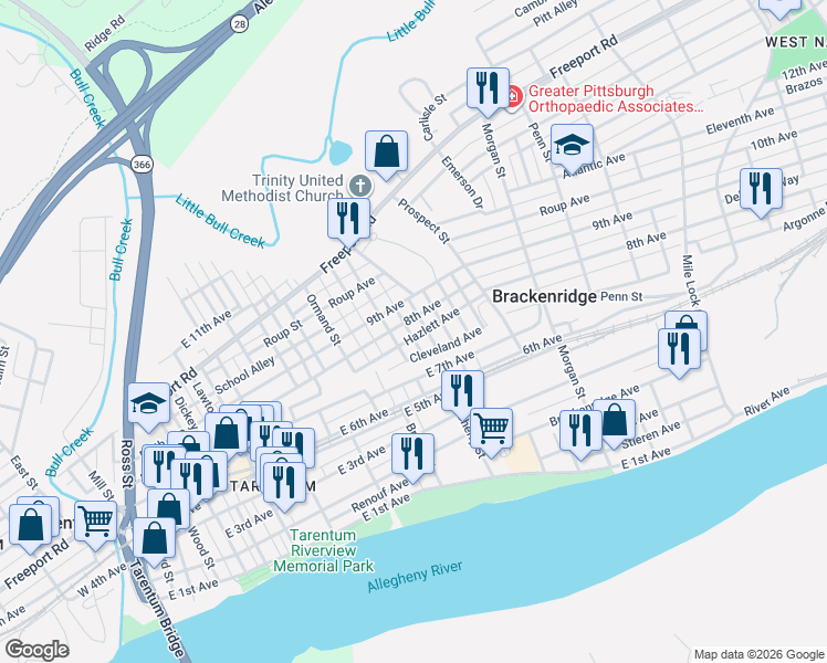map of restaurants, bars, coffee shops, grocery stores, and more near 811 Cleveland Avenue in Brackenridge