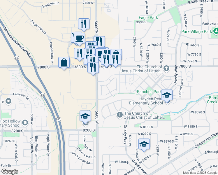 map of restaurants, bars, coffee shops, grocery stores, and more near 5527 Ranches Park Lane in West Jordan