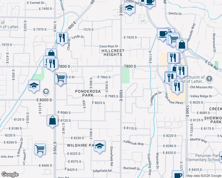 map of restaurants, bars, coffee shops, grocery stores, and more near 953 Cedar Terrace Drive in Sandy