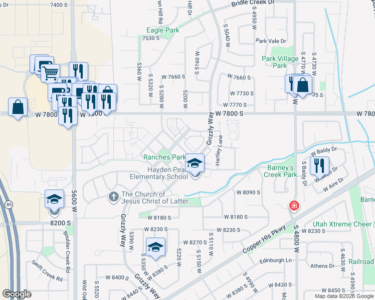 map of restaurants, bars, coffee shops, grocery stores, and more near 7961 Grizzly Way in West Jordan