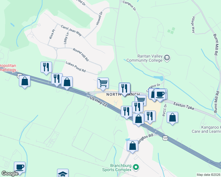 map of restaurants, bars, coffee shops, grocery stores, and more near 12-92 New Jersey 28 in Branchburg