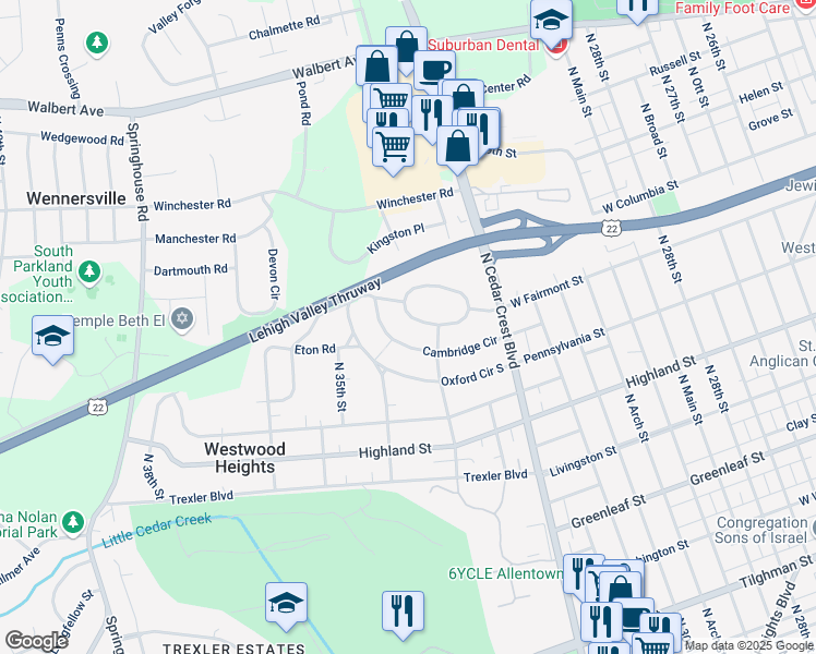 map of restaurants, bars, coffee shops, grocery stores, and more near 3309 Cambridge Circle in Allentown