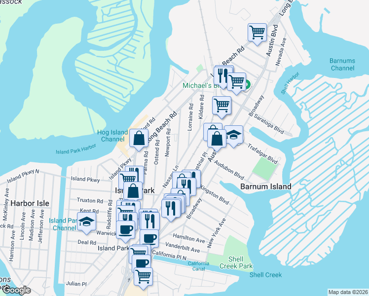 map of restaurants, bars, coffee shops, grocery stores, and more near 17 Marina Road in Island Park