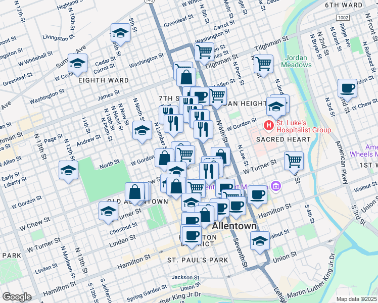 map of restaurants, bars, coffee shops, grocery stores, and more near 319 North Eighth Street in Allentown