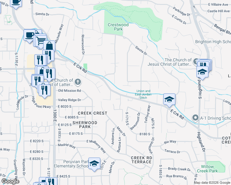 map of restaurants, bars, coffee shops, grocery stores, and more near 1658 Creek Rd in Sandy