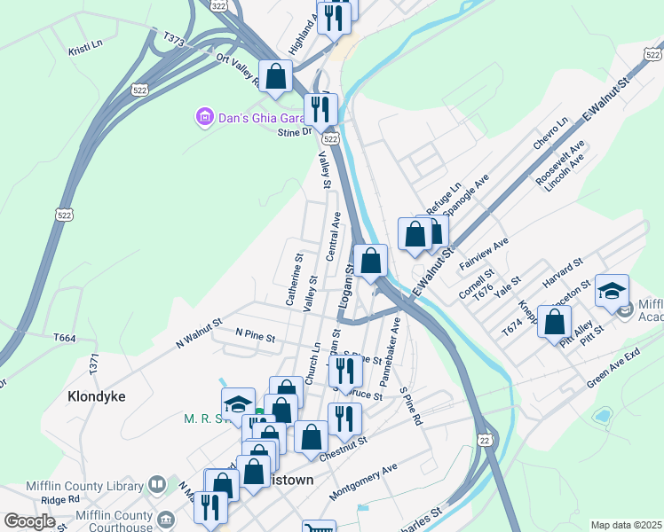 map of restaurants, bars, coffee shops, grocery stores, and more near 46 Central Avenue in Lewistown