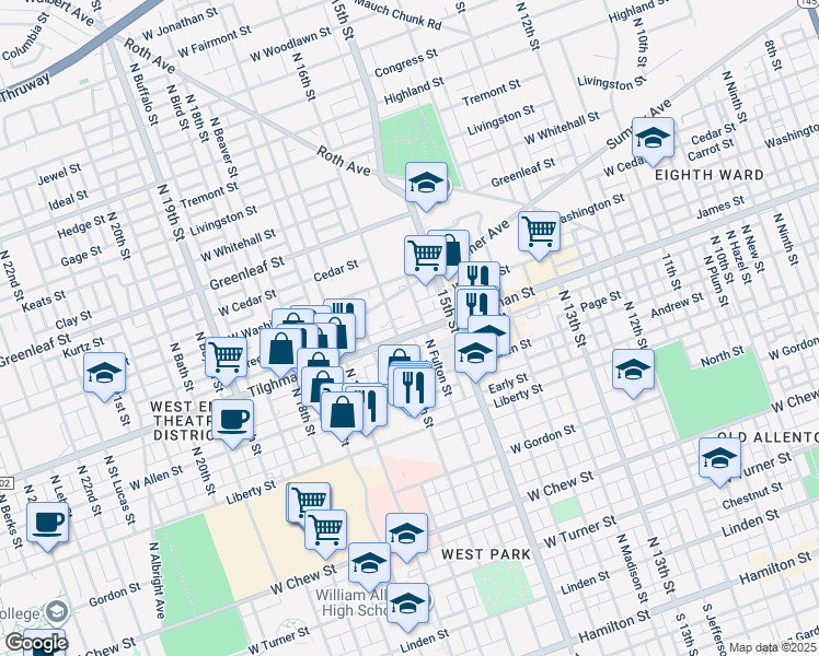map of restaurants, bars, coffee shops, grocery stores, and more near 1539 Tilghman Street in Allentown