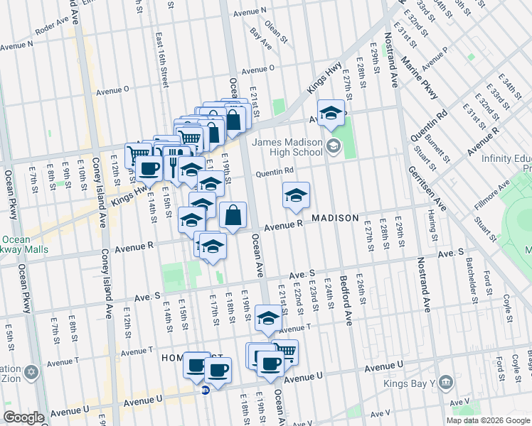 map of restaurants, bars, coffee shops, grocery stores, and more near 2103 Avenue R in Brooklyn