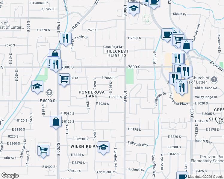 map of restaurants, bars, coffee shops, grocery stores, and more near 953 Cedar Terrace Drive in Sandy