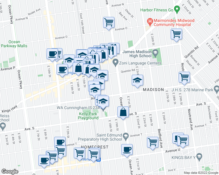map of restaurants, bars, coffee shops, grocery stores, and more near 1809 Avenue R in Brooklyn