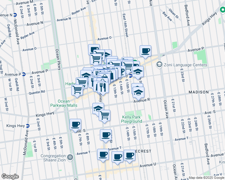 map of restaurants, bars, coffee shops, grocery stores, and more near 1761 East 12th Street in Brooklyn