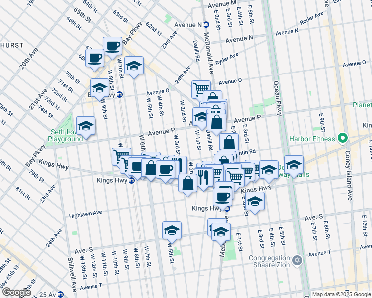 map of restaurants, bars, coffee shops, grocery stores, and more near 1677 West 2nd Street in Brooklyn