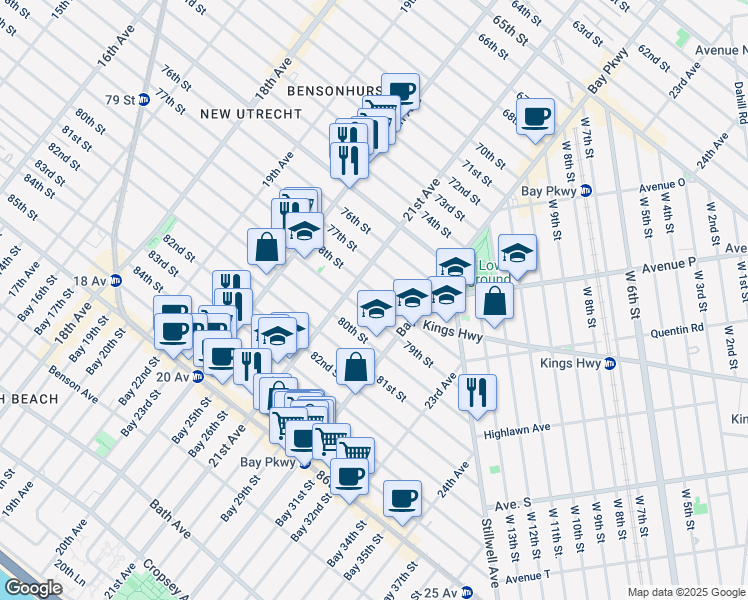map of restaurants, bars, coffee shops, grocery stores, and more near 2149 79th Street in Brooklyn