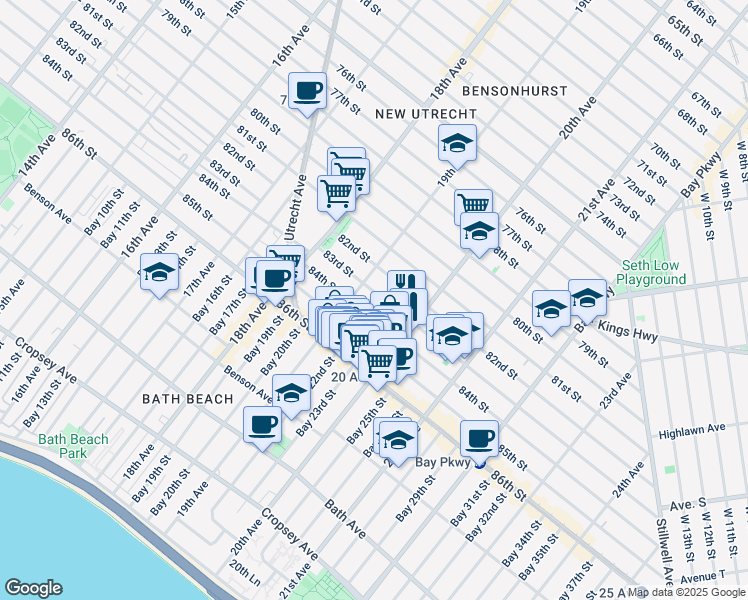 map of restaurants, bars, coffee shops, grocery stores, and more near 1949 84th Street in Brooklyn
