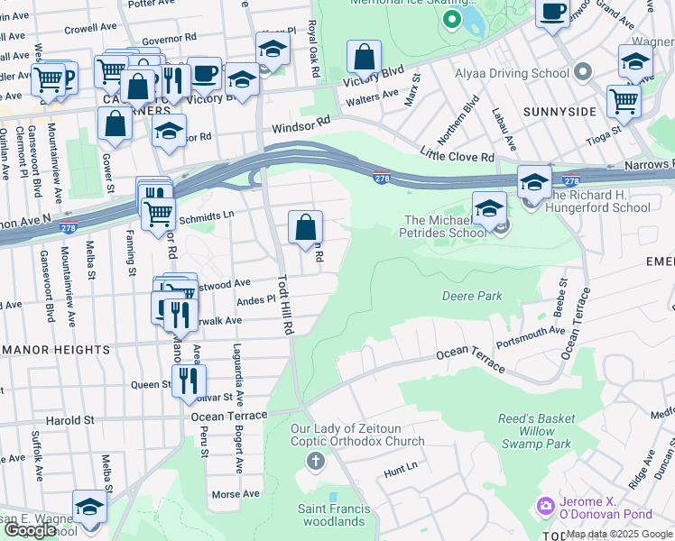 map of restaurants, bars, coffee shops, grocery stores, and more near 512 Staten Island Boulevard in Staten Island