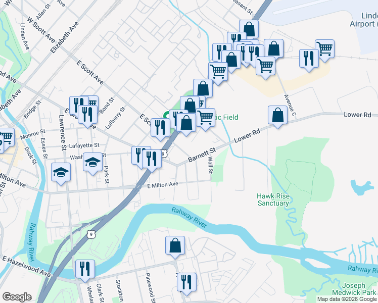 map of restaurants, bars, coffee shops, grocery stores, and more near 2025 Barnett Street in Rahway
