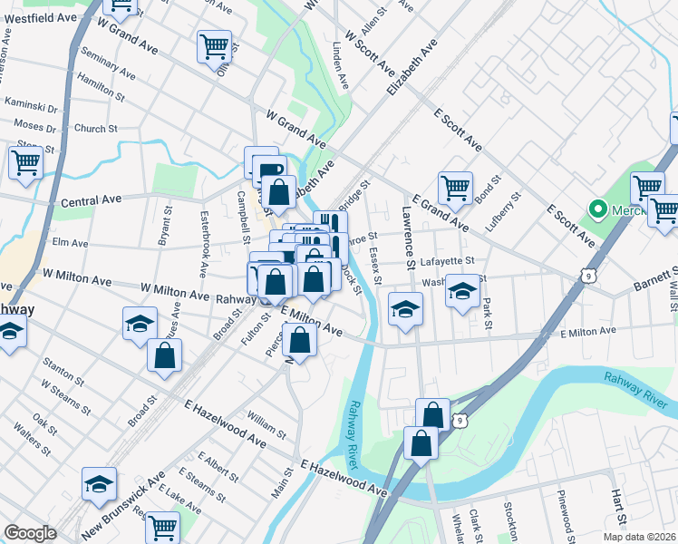 map of restaurants, bars, coffee shops, grocery stores, and more near 195 Dock Street in Rahway
