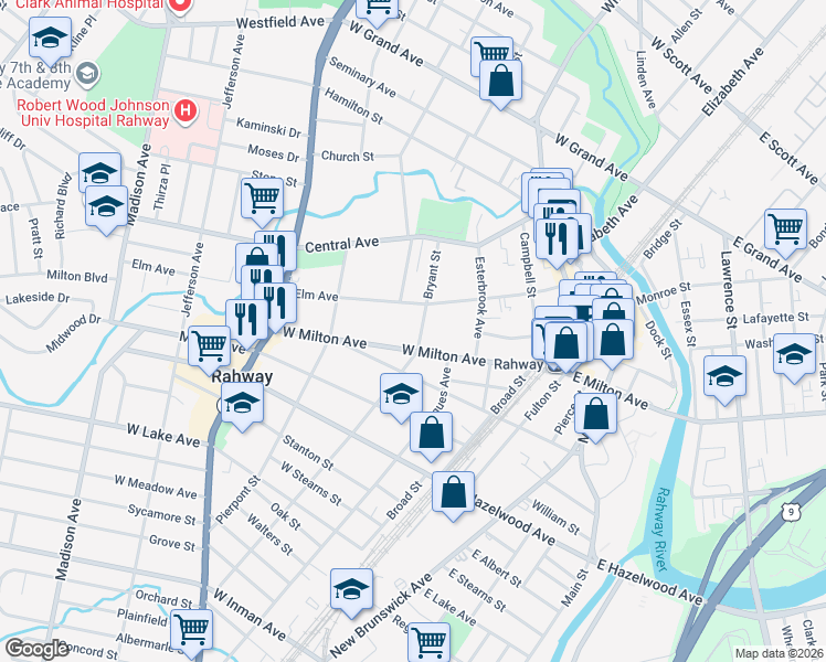 map of restaurants, bars, coffee shops, grocery stores, and more near 205 West Milton Avenue in Rahway