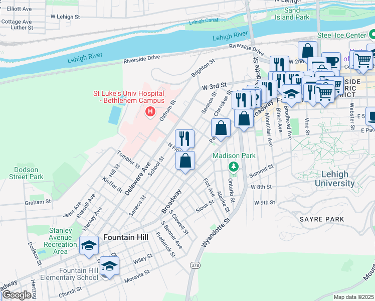map of restaurants, bars, coffee shops, grocery stores, and more near 532 Fiot Street in Fountain Hill