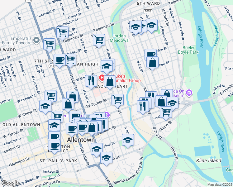 map of restaurants, bars, coffee shops, grocery stores, and more near in Allentown