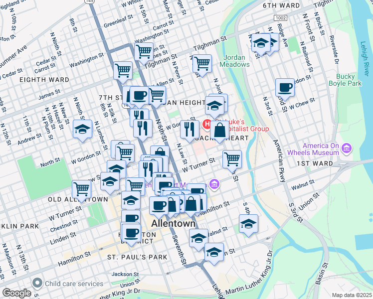map of restaurants, bars, coffee shops, grocery stores, and more near 533 Oak Street in Allentown