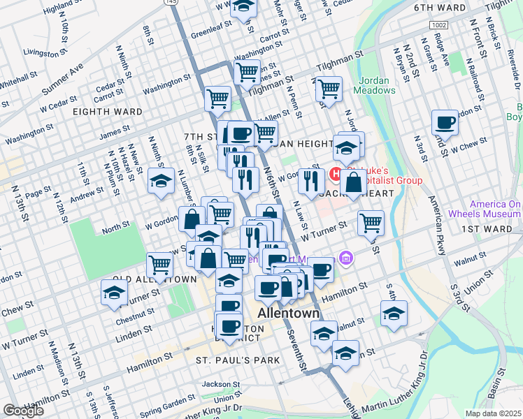 map of restaurants, bars, coffee shops, grocery stores, and more near 314 North Church Street in Allentown