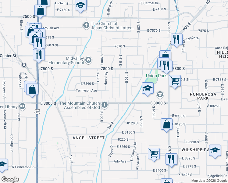 map of restaurants, bars, coffee shops, grocery stores, and more near 379 Horse Creek Drive in Midvale